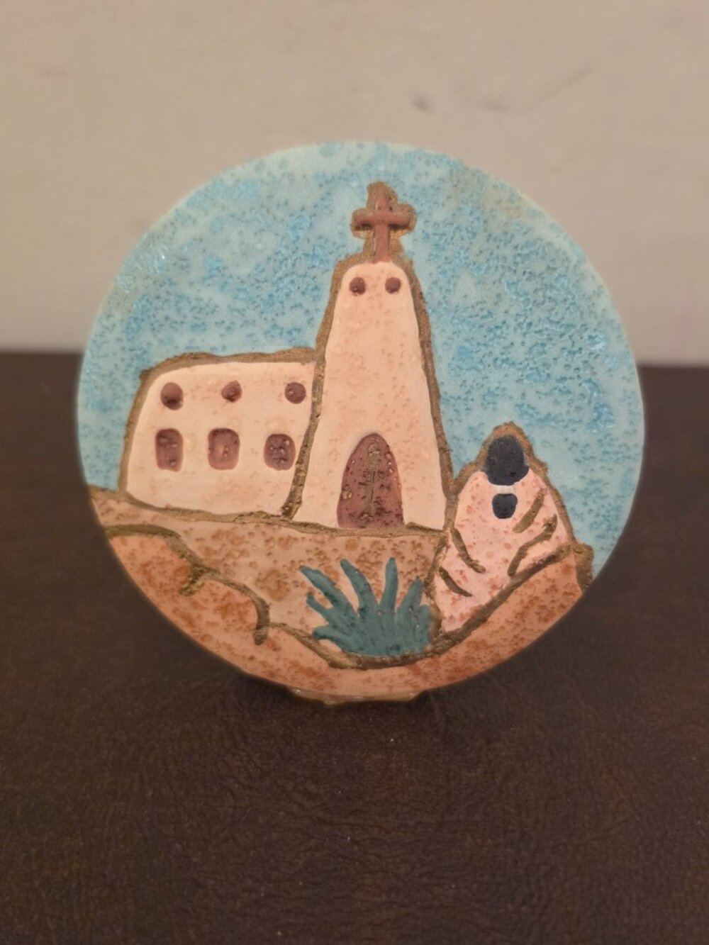 Hand-painted pottery Southwestern scene of an adobe church with blue-sky - Picture 2 of 5